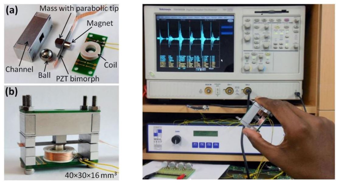 A Handy Motion Driven, Frequency Up-converted Hybrid Vibration Energy Harvester using PZT Bimorph and Non-magnetic Ball