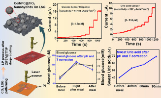 ZIF-67/organometallic-derived Co/NPC@TiO2 nanohybrids by laser pyrolysis for flexible skin-interfaced sweat-analysis multimodal patch