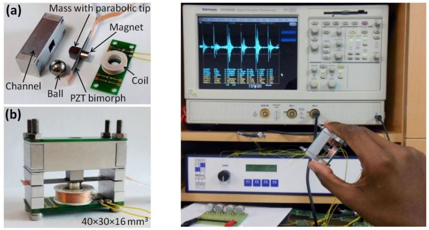 A handy-motion driven, frequency up-converted hybrid vibration energy harvester using PZT bimorph and non-magnetic ball